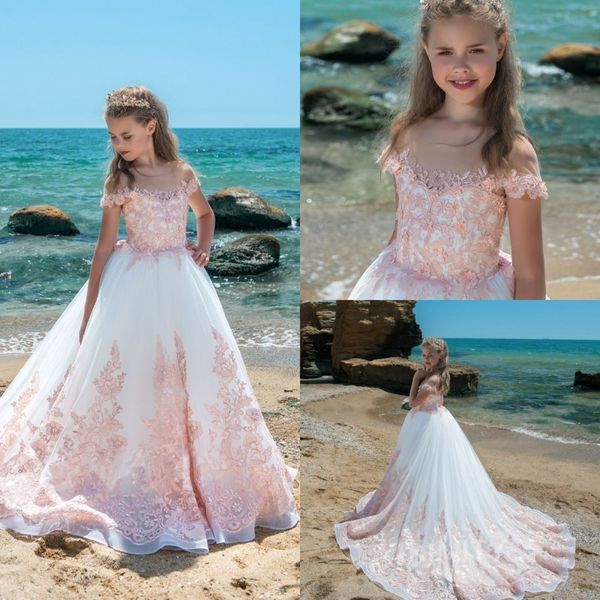 

pink and white flower girls dresses for weddings sheer off shoulder boho beach kids first communion dress lace appliqued pageant gowns, White;blue