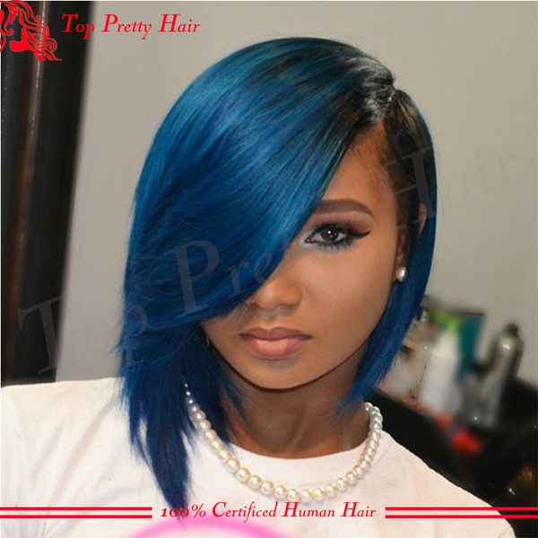 Blue Ombre Lace Wig Glueless Silky Straight Brazilian Virgin Hair Ombre Dark Blue Wig Short Hair Bob Blue Lace Front Wigs For Women Discount Lace