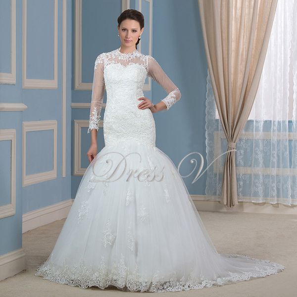 

Elegant Long Sleeves Mermaid Lace Wedding Dresses 2019 Gorgeous High Neck Applique Tulle Sheer Back Bride Dress Plus Size Bridal Gowns