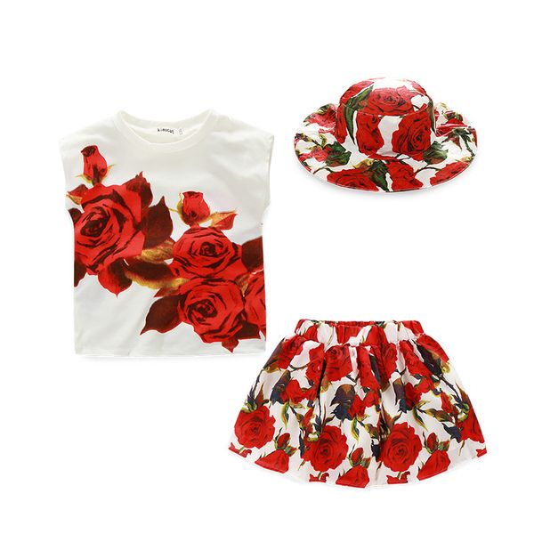 

prettybaby 2016 summer girls three-pieces sets hat+t-shirt+skirt rose printed sleeveless floral style cotton kids clothes ing, White