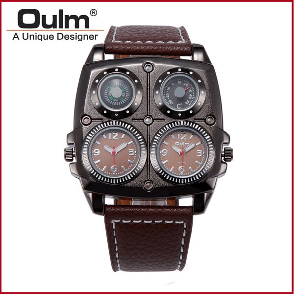 

new arrival mens oulm 1140 brand watches leather double japan movt quartz rectangular military watch black, Slivery;brown