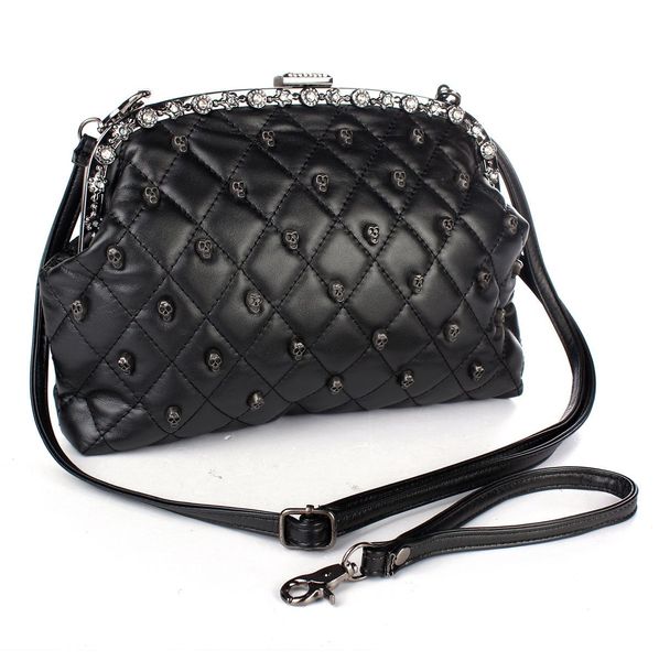 

wholesale-2015 women skull shoulder bag dual use black satchel plaid hasp handbags rhinestone flap clutch lady party shell messenger bags