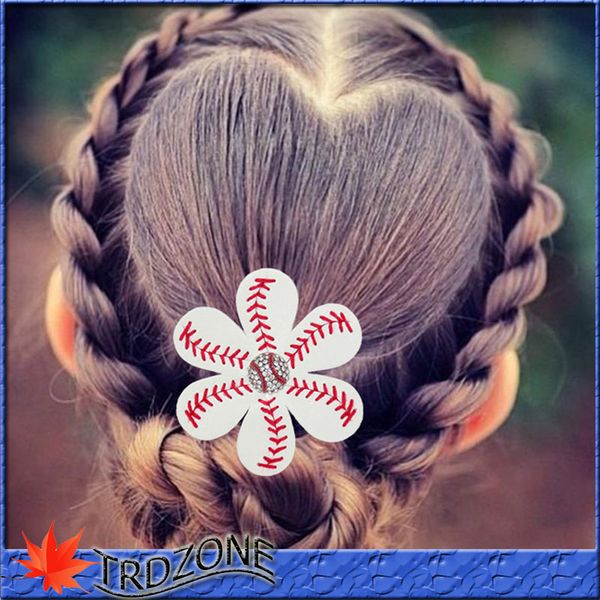 

2016 softball baseball flower hairclip leather seamed hair bow, Golden;silver