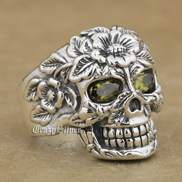 

925 sterling silver flower skull black olive eyes mens biker rocker punk ring 9w105 us size 7 ~ 15, Golden;silver