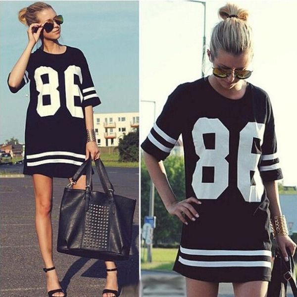 

Летний стиль женщины Майка знаменитости номер 86 печати топы длинные свободные хи