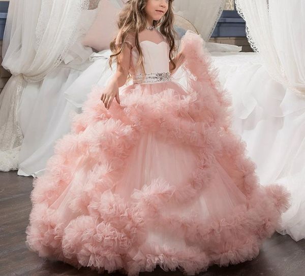 

2021 blush pink girls pageant dresses christmas dresses for girls ruffles beaded jewel neck ball gown flower girl dresses bow in stock cheap, White;blue