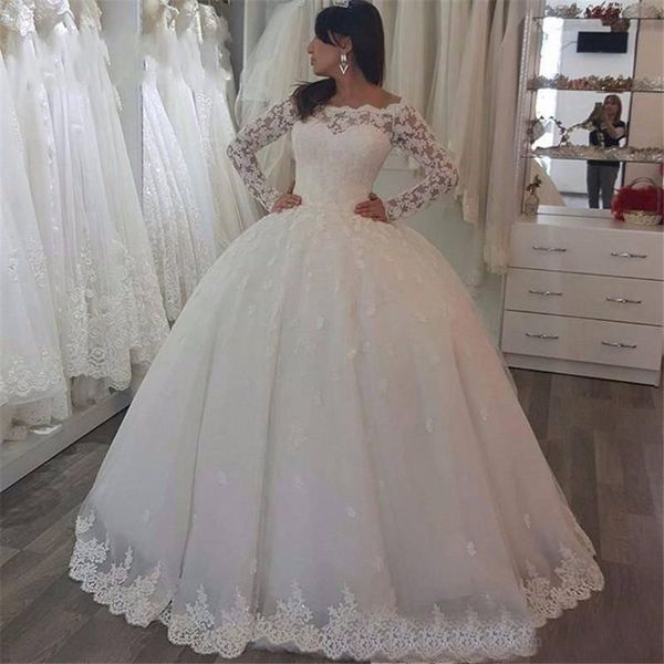 

new arrive ball gown lace applique floor-length zipper bridal gowns custom long sleeve bateay sheer neck wedding dresses, White