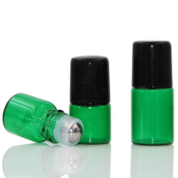 Bottiglie a rullo in vetro verde 1 ml 2 ml 3 ml 5 ml con sfera in metallo e tappo nero per profumo di olio essenziale