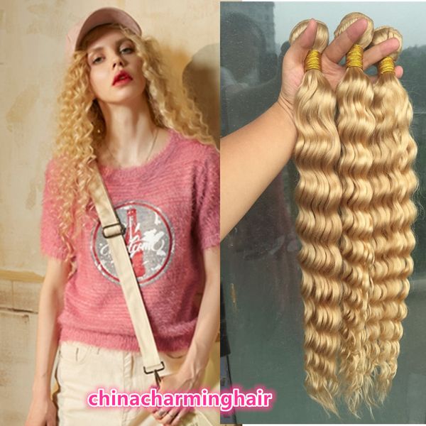 Platinum Blonde Brazilian Hair 3 Bundles Blonde Deep Wave Weave
