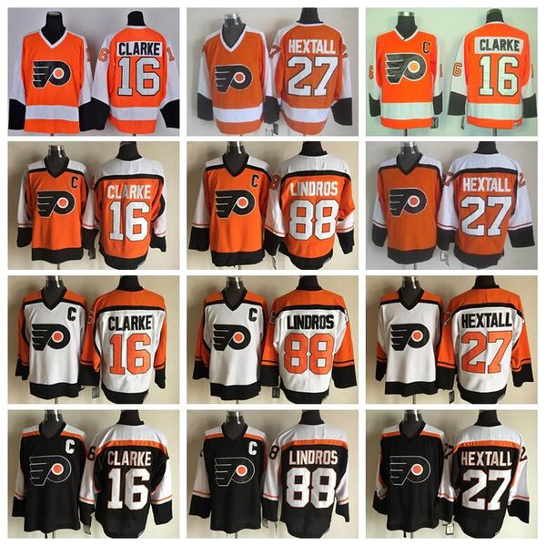 

philadelphia flyers hockey jerseys ice 16 bobby clarke 88 eric lindros 27 ron hextall alternate black orange white team color, Black;red