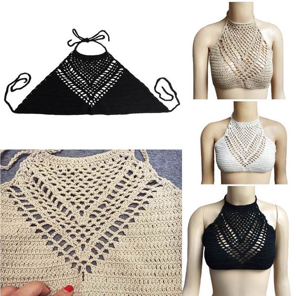 

wholesale-women summer halter knitted camis crochet beach bikini boho bralette bra, Black;white