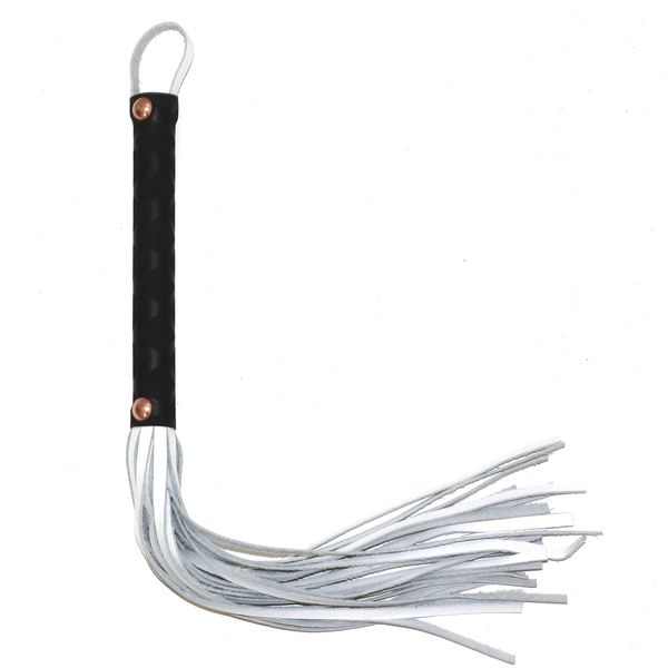 

40cm long white real leather flogger whip s&m whip flogger toy with shiny handle spanking whip
