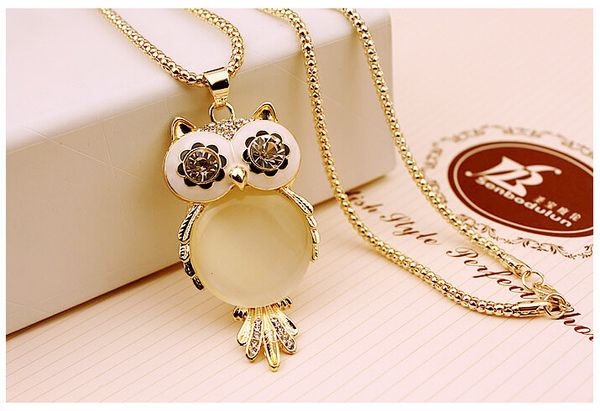 

fashion jewelry eye catching cute big opal owl pendant necklace long chain compatible with pandora jewelry, Silver