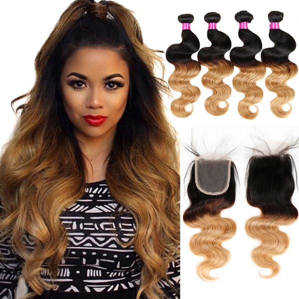 

two/three tone ombre peruvian virgin body wave hair weaves blonde lace closure with bundles wet and wavy human hair bundles with closure, Black;brown