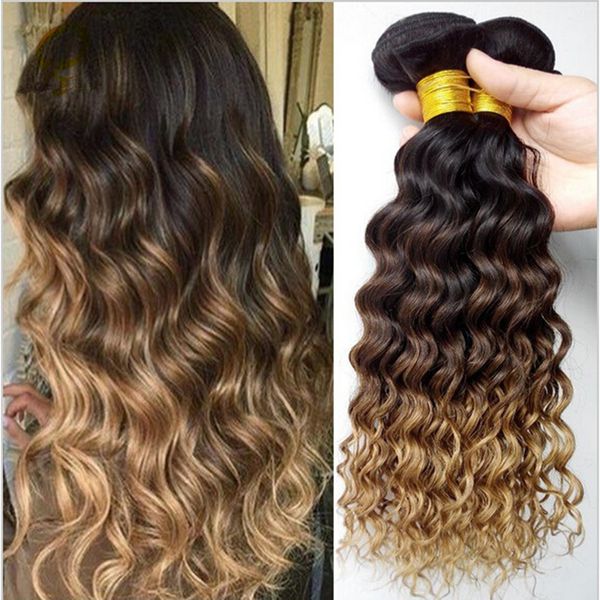Three Tone 1b 4 27 Brown Blonde Ombre Deep Wave Wavy Human Hair