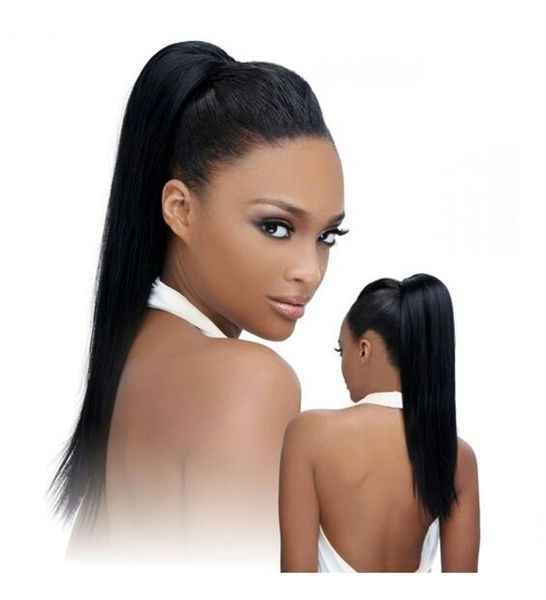 

24" long straight wrap around pony tail extensions human clip in ponytail hair extensions hair pieces for women, Black