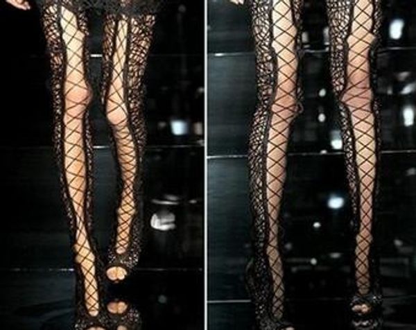 

Sexy Women Black Red Sandals Boot Cross-Strappy Sequined See-thru Long Shoes Over the knee Thigh High Boots Open Toe Lace Up Gladiator Boots