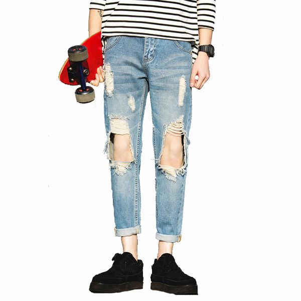

wholesale-summer mens jeans ripped holes denim harem pants letter patches jeans men sport casual biker jeans male trousers hip pop,eda340, Blue
