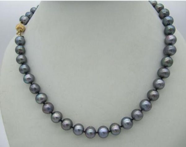 

natural 9-10mm tahitian black gray color pearl necklace 18" + gift, Silver