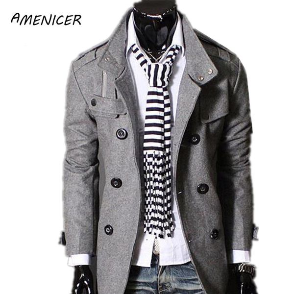 Herbst-Neue 2015 männer Wollmantel Solide Schwarz Warme Lange Windjacke Zweireiher Mantel Mann Pea Coat Abrigos hombres Invierno