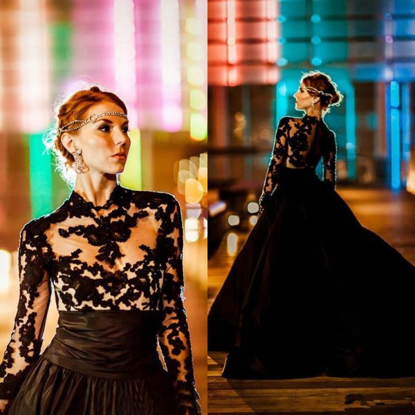 

stunning black wedding dresses gothic bridal gowns a line illusion long sleeve lace appliques sheer taffeta skirt formal wear, White