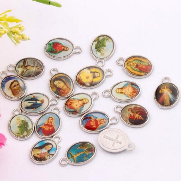 Jesus Cristianismo Icon Cross Oval Charm Beads 14.5x9.5mm Antique Prata Pingentes Jóias DIY L1568 400 Pcs / Lot