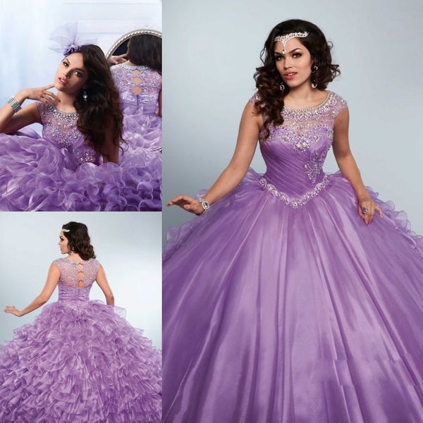 Em camadas Ruffles Roxo Quinceanera Vestidos Frisado Strass Jewel Pescoço Masquerad Doce 16 Vestidos De Baile Cristal Debutante Vestido