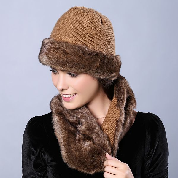 

wholesale-faux fur women winter hats with infinity scarf solid color skullies & beanies two sides available bow-ties knit female cap, Blue;gray