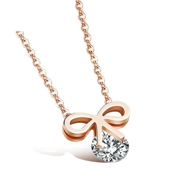 

bowknot design pendant necklace for woman inlaid cubic zirconia stainless steel cute jewelry gift for girls agx1084, Silver
