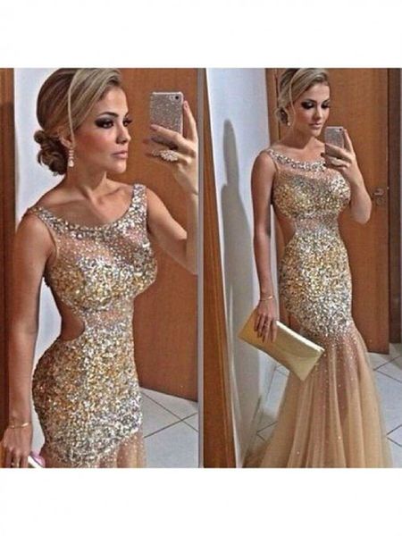 Kostenloser Versand Charming Gold Fashion Langes Abendkleid Trompete Meerjungfrau Träger Ärmellose Pailletten Bodenlangen Net Prom Kleid