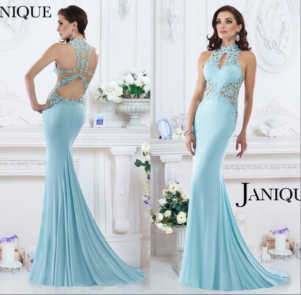 2016 Nuovi abiti stile Abiti da sera Elegante abito Janique Sexy Applique in pizzo trasparente Collo alto Sirena nera Aperto indietro Abiti celebrità formali