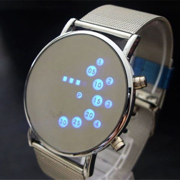 

fashion cool men clock watch iron man blue led watches stainless steel binary bracelets & bangles wristwatch gift, Slivery;brown