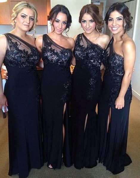 

navy blue sequined maid of honor dress one shoulder a-line chiffon lace bridesmaid dresses evening dresses backless party dresses