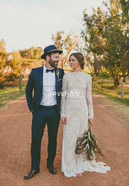 

Vintage Long Sleeve Sheath Wedding Dresses Full Lace See Through Bateau Floor Length 2016 Spring Fall Western Country Wedding Bridal Gowns