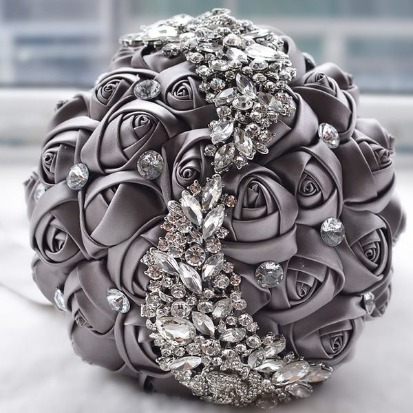 Buquê de casamento de noiva mais novo broche de cristal acessórios de casamento dama de honra flores de cetim artificial bouquets201b