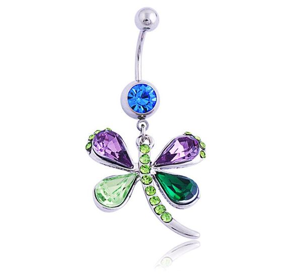 

piercing body jewelry belly button rings stainless steel austrian crystal dragonfly colorful mixed navel ring fine wholesale, Silver