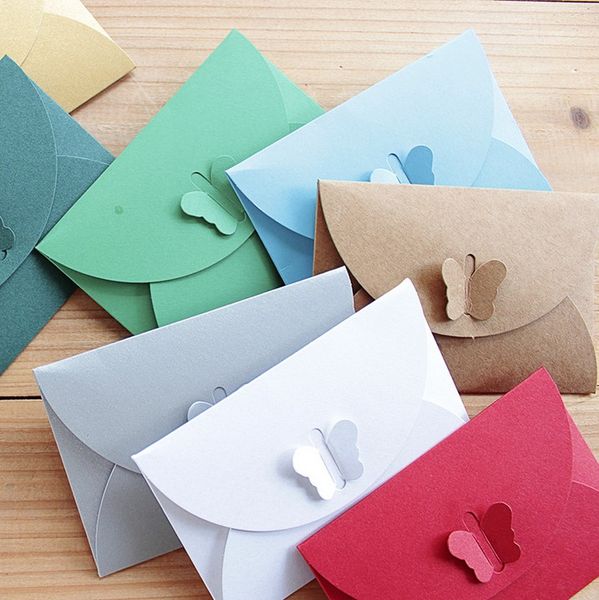 

wholesale- 100pcs/lot 10.5x7cm small paper envelope wedding invitation card envelope party beautiful color butterfly clasp envelopes