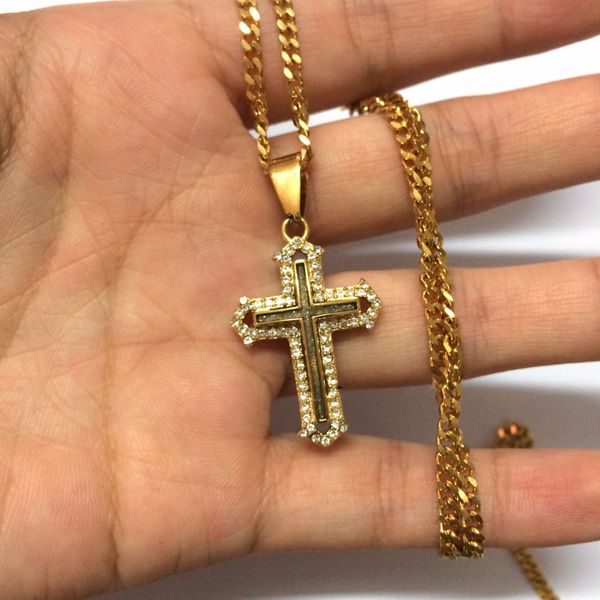 Collana con ciondolo a croce in cristallo genuino a doppia fila in acciaio inossidabile oro hip-hop per gioielli da donna