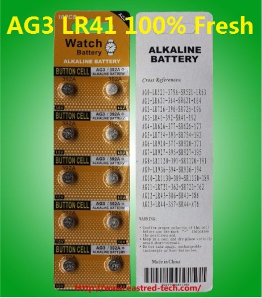 AG3 LR41 Botão Bateria de Bateria de 10pcs/Blister Packing 1,5V 0%Hb Pb Mercury Free Cells