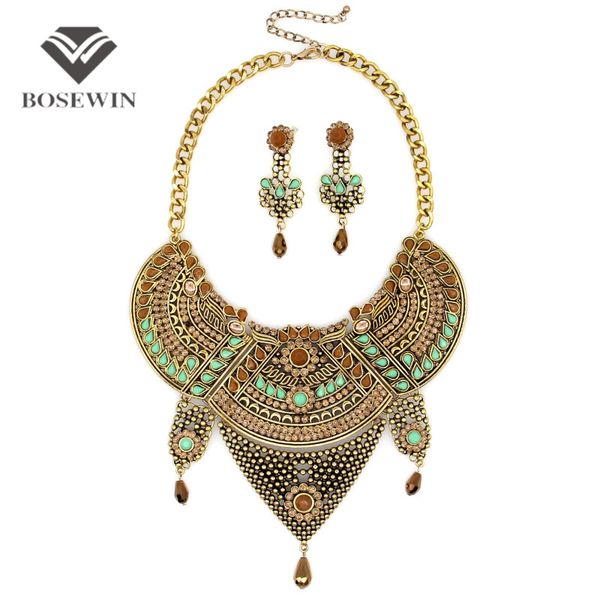 

Women Vintage Jewelry Sets Bohemia Flower Design Rhinestones Collar Big Chokers With Earring Statement Jewelry Set fashion CE3813
