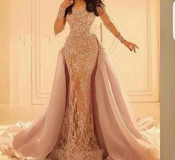 

Gorgeou elie aab lace applique illu ion long leeve mermaid evening dre e with detachable kirt 2016 coop neck prom dre party gown