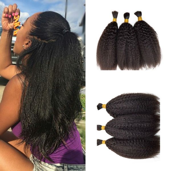 

mongolian human hair bulk high qaulity kinky straight bulk hair for braiding 3 bundles fdshine hair, Black