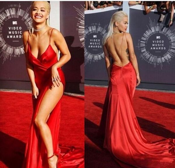 

backless high thigh split new fashion rita ora red carpet prom dresses 2020 v-neck spaghetti strap celebrity evening dresses, Black