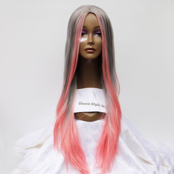 Chic Synthetic Two Tone Grey Ombre Pink Red Color Wig Peruca Long