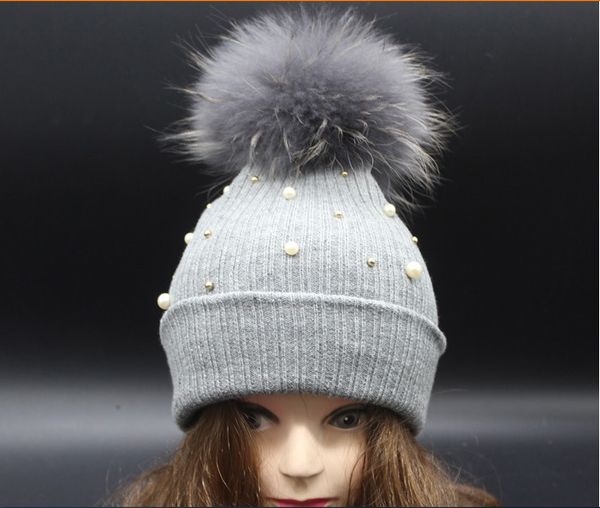 

wholesale-lady large dyeing real raccoon fur pompom beanie hat for women crochet knitted fur pearl winter hat ski skull cap christmas gift, Blue;gray