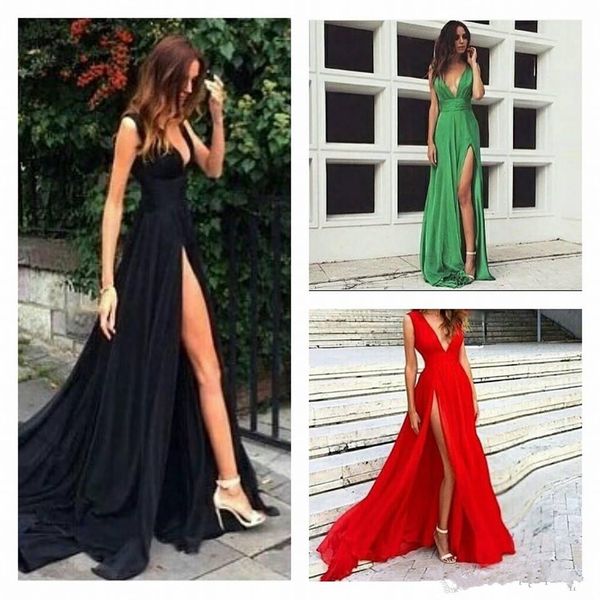 

2018 deep v-neck red evening dresses summer sweep train piping side split front long skirt transparent prom gowns pageant dress, Black;red