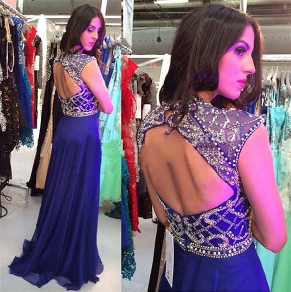 

royal blue chiffon elegant high neck beadings chiffon prom dress a-line cap sleeve zipper cutout back crystals evening dress, Black