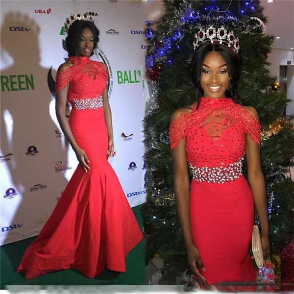 

south african red high neck prom dresses lace cap sleeves shinning beaded evening gowns satin mermaid formal party vestidos custom made, Black