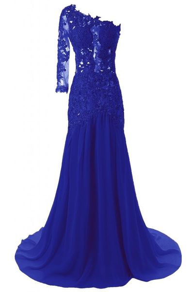 

one shoulder long sleeves tulle chiffon evening dress with appliques 2018 backless dress party elegant, Black;red