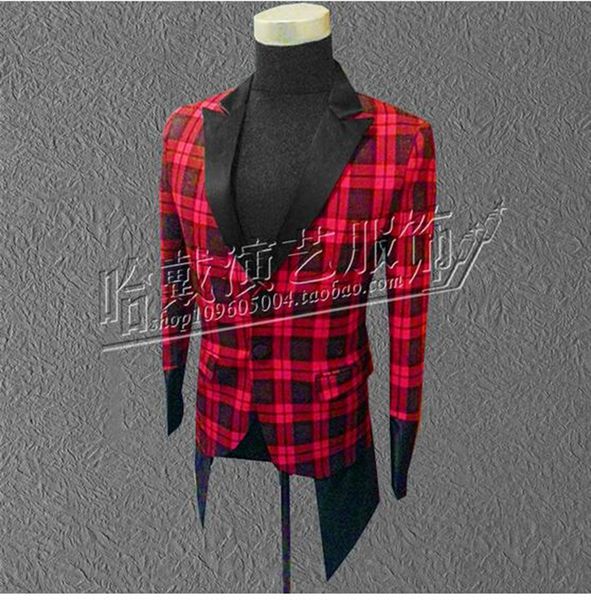 

men's fashion new han edition character costumes nightclub singer star stage performance clothing red plaid jackets/s - 5 xl, Black;red
